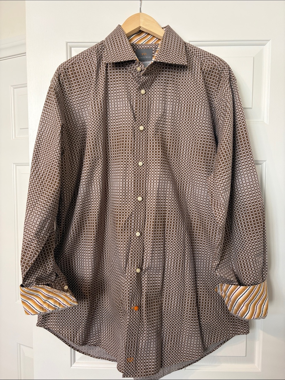 Thomas Dean Brown Geometric Button-Down Shirt with Contrast Stripe Cuffs